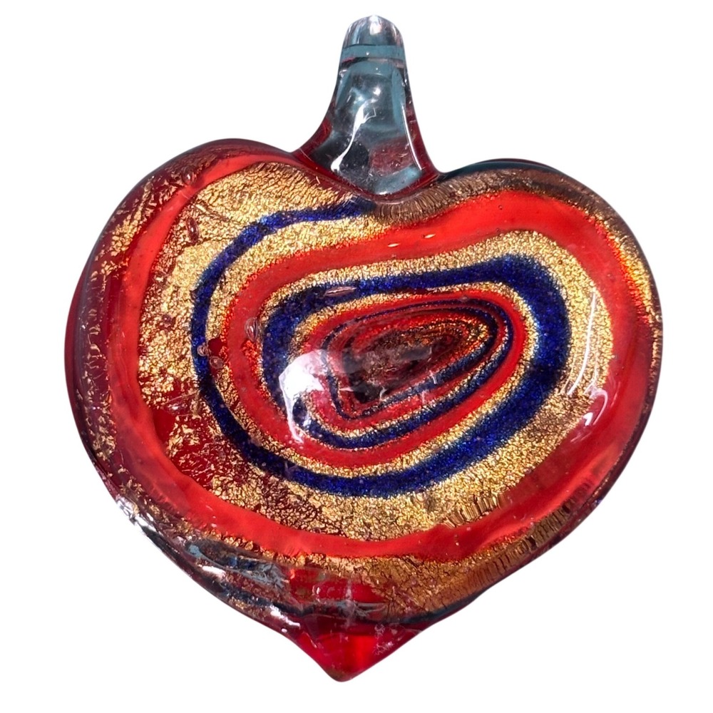 Art Glass Heart Pendant Red Gold Blue Aventurine Murano Style Swirl 1 Inch